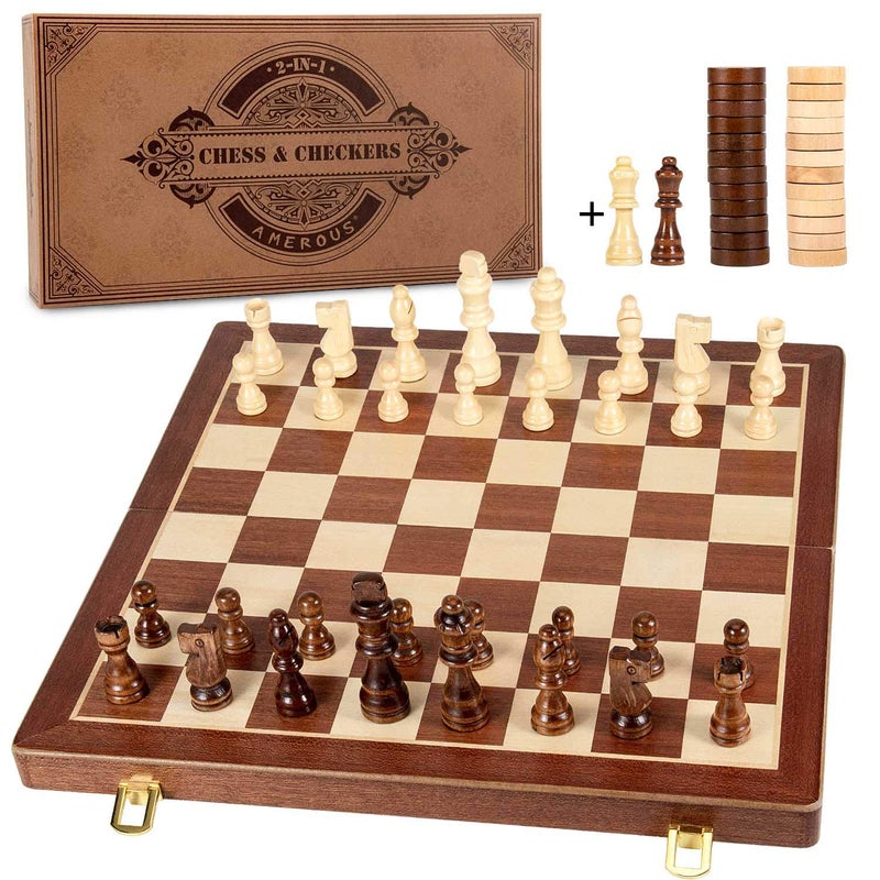 AMEROUS 15 Inches Magnetic Wooden Chess & Checkers Set (2 in 1) - Folding Board -Gift Box Packed -24 Cherkers Pieces -2 Extra Queens, Beginner Chess Set for Kids and Adults - Image 1
